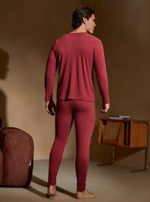 Solid Color Men 2pcs Warm Outfit - Round Neck Long Sleeve Top And Long Pants Set
