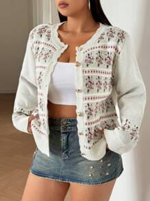 Calvaya Cárdigan con estampado floral y botones en la parte delantera para talla grande, de uso casual y diario para otoño/invierno - Multicolor - Ver 2