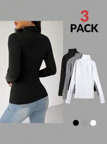 SHEIN PETITE Women Casual High Neck Solid Color Ribbed Knit Sweater, Autumn/Winter