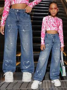 SHEIN Explorewe 女童珍珠串珠心形图案做旧洗水高档牛仔裤 - 深色水洗藍 - 查看 1