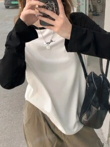 DAZY Áo thun tay lỡ thêu chữ màu tương phản cổ tròn rộng rãi cho nữ - trắng - Xem 4