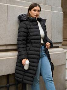 RueChic Plus Zip Up Hooded Belted Padded Coat - Black - View 3