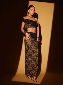 Lumalex Fall Winter Thanksgiving Outfit New Years Thanksgiving Rave Festival Outfits Formal Prom New Years Eve Outfit Concert Pparty BanquetHallWomen 2pcs/Set Lace Off Shoulder Crop Top And Low Waist Mini Skirt - Black - View 5