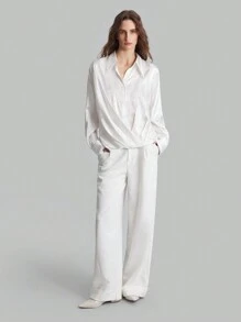 Ontre 女士缎面条纹裹身设计长袖休闲时尚衬衫，秋季 - 白色 - 查看 6