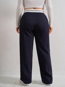SHEIN Cottnline Plus Size Women's Striped Print Slant Pocket Straight Leg Suit Pants - Navy Blue - View 2