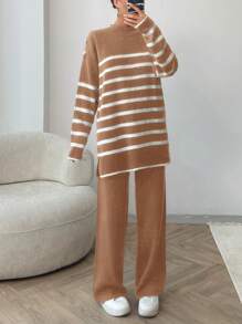 EURMUSE Women Stripe Pattern Button Detailed Round Neck Drop Shoulder Pullover & Sweater Pants Set - Camel - View 3