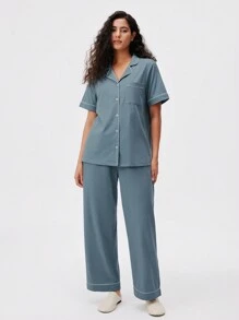 LUVLETTE 柔软100%纯棉基础款纽扣衬衫和长裤家居服套装，透气舒适，女士家居服套装，女士长裤带口袋，纯棉睡衣 - 霧霾藍 - 查看 4
