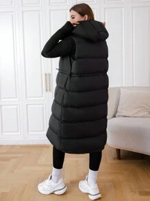 SHEIN PETITE CURVE Áo khoác không tay có mũ trùm đầu màu trơn cỡ lớn có khóa kéo phía trước cho mùa đông - màu đen - Xem 2