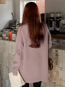 DAZY 女款休閒純色高領落肩寬鬆毛衣，秋冬女裝校園風 - 淺灰紫 - 查看 2
