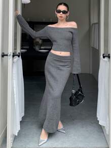 DAZY 2pcs/Set Women Off Shoulder Solid Color Long Sleeve Top And Skirt Casual Set,Fall Clothes Women Sweater - Grey - View 4