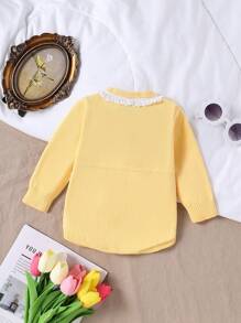Baby Girl Fashion Cute Lace Faux Pocket Knit Bodysuit - Yellow - View 2