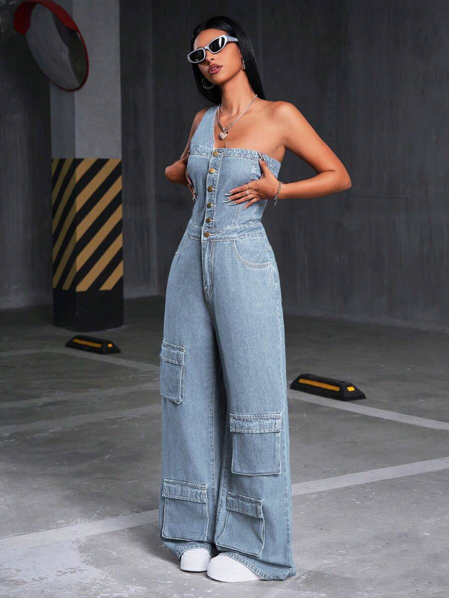 SHEIN ICON Damen Sommer lässiger Streetstyle Knopfverschluss Weites Bein Denim Jumpsuit - Mittele Waschung - Übersicht 1