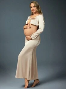 SHEIN 孕妇系带长袖开衫和可调节腰部美人鱼下摆裙子，拍照装，适合拍照