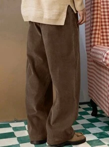 Claim Dot Loose Fit Men's Corduroy Wide Leg Pants With Slant Pockets, No Belt, For Fall Winter - Coffee Brown - View 2