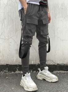 Manfinity LEGND Men Flap Pocket Buckle Detail Drawstring Waist Cargo Pants - Dark Grey - View 4