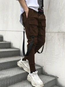 Manfinity LEGND Men's Flap Pocket Buckle Detail Drawstring Waist Loose Cargo Pants - Coffee Brown - View 5