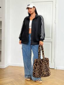 SHEIN EZwear Áo khoác hoodie đen chắp vá tay áo cỡ lớn cho nữ - màu đen - Xem 4