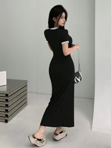 DAZY 休闲百搭拼色短袖修身连衣裙 - 黑色 - 查看 4