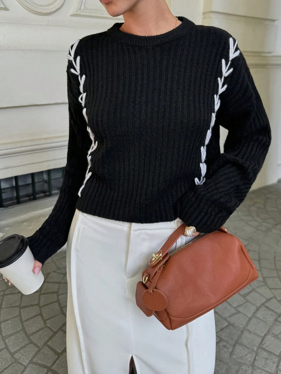 EURMUSE Women Hand Made Knitting Detailed Black Round Neck Pullover Sweater - Black - View 1