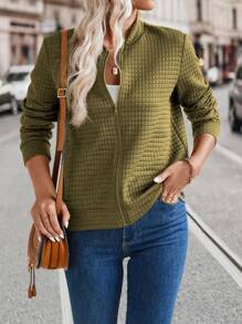SHEIN LUNE Women Casual Textured Zipper Lightweight Jacket For Autumn