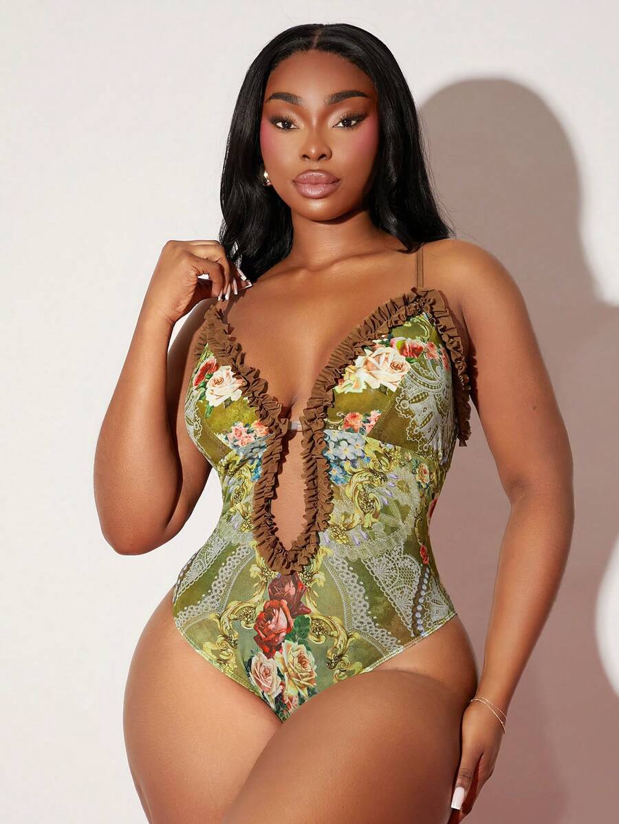 SHEIN SXY Plus Size Sexy Retro Floral Print Frill Trim Cami Bodysuit - Multicolor - View 1