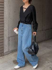 FRIFUL 1pc Women Casual Solid Color Lantern Sleeve Wrap Shirt, Autumn Long Sleeve Top