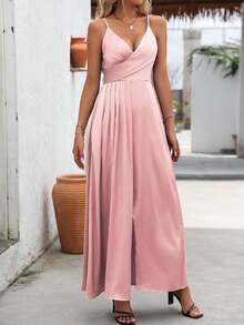 SHEIN Clasi 1 件女士纯色 V 领开衩下摆优雅吊带裙 - 粉色 - 查看 4