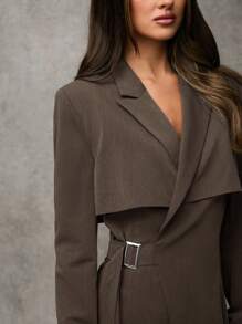 SHEIN BAE 女士春秋休闲纯色翻领裹身西装外套秋季女装冬季女装商务休闲女装商务女装办公室装女教师服 - 咖啡棕 - 查看 7