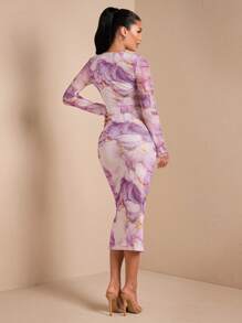 SHEIN BAE Váy dài tay ôm sát in họa tiết đá cẩm thạch thanh lịch dành cho nữ, mùa thu - Màu tím hoa cà - Xem 2