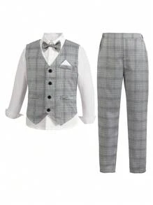 SHEIN 2 件套青少年男孩套装 - 灰色格子背心和裤子，不含衬衫 - 灰色 - 查看 1