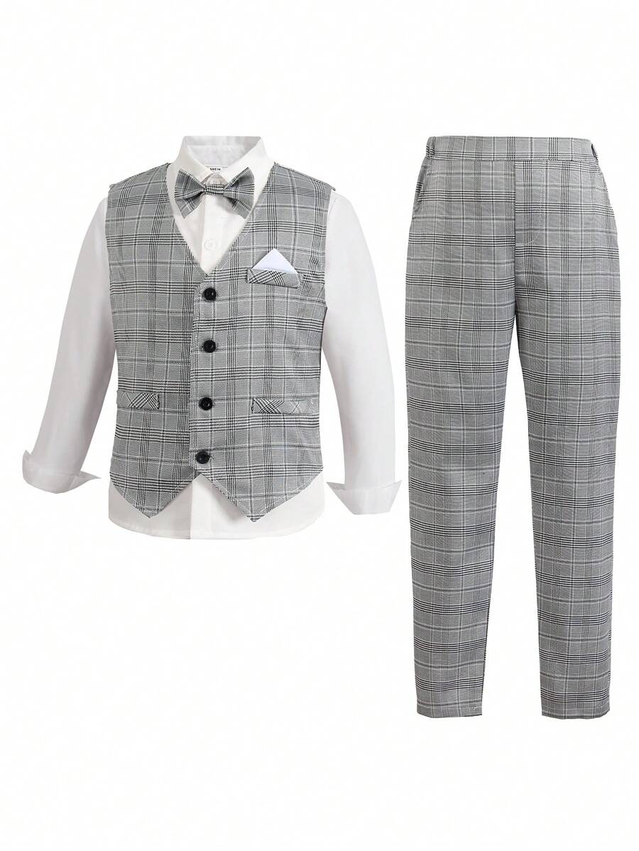 SHEIN 2 件套青少年男孩套装 - 灰色格子背心和裤子，不含衬衫 - 灰色 - 查看 1