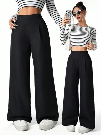 Sparklyn Tjej- och tonårstjejer Casual Lös hög midja Plisserade breda ben Svarta byxor, mångsidig för vår, sommar, höst, vinter