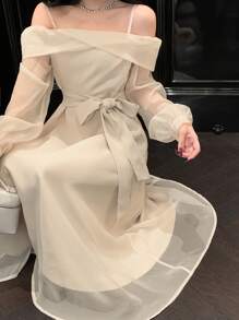 DAZY Women's Off Shoulder Solid Color Mid-Length Mesh Dress,Elegant Beige Autumn Party Prom Dress,Long Sleeve Birthday New Year Eve Back To School Clothes - Beige - View 3