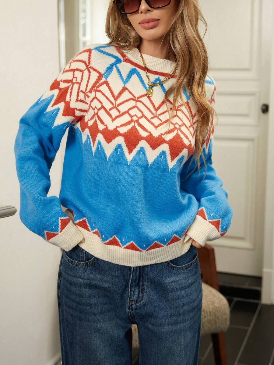 Femmeiva 1pc Nomadic Style Loose Fit Half-Turtleneck Colorblock Pullover Sweater, Knit Pullover Fall Winter - Blue - View 1