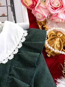 SHEIN Tween Girl Casual Long Sleeve Corduroy Dress With Ruffle Collar, Fitted For Spring Autumn - Dark Green - View 4