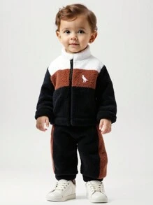 SHEIN 2pcs Baby Boys' Plush Warm Dinosaur Pattern Matching Casual Thick Jacket And Pants Set, Winter
