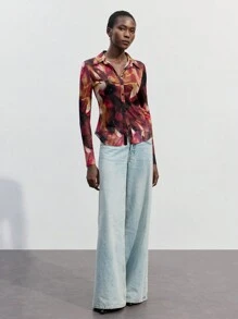 Maija 女式早春优雅扎染印花图案时尚百搭前扣长袖修身衬衫 - 玫紅色 - 查看 5