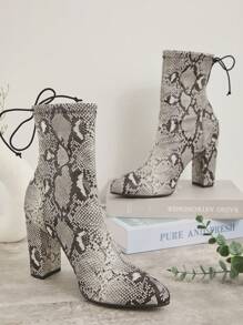 SHUZIA Snake Stretch PU Pointy Toe Bootie With Flare Heel Christmas Holiday Vacay Vibe For Fall And Winter - White - View 2