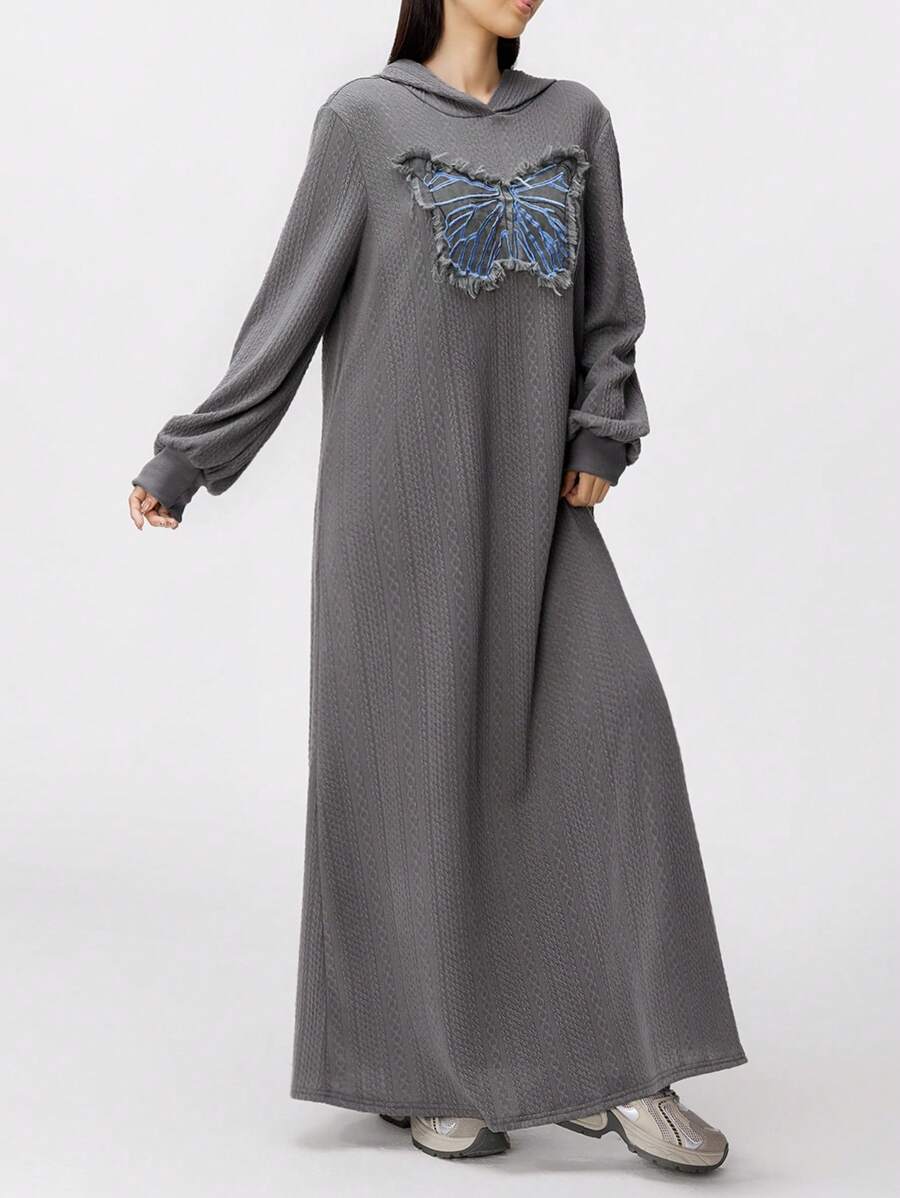 Mulvari 女士 3D 蝴蝶装饰连帽长款卫衣连衣裙，休闲宽松款式，秋冬