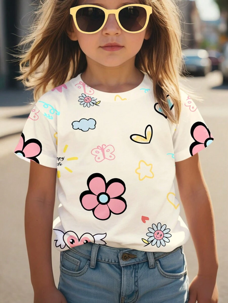 SHEIN Floral Print Casual Short Sleeve Round Neck T-Shirt For Tween Girls, Suitable For Summer