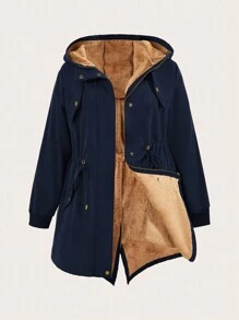 SHEIN LUNE Áo khoác dài tay có dây rút eo cỡ lớn cho nữ, áo khoác nỉ, quần áo mùa đông cho nữ, quần áo mùa đông - Màu xanh hải quân - Xem 4