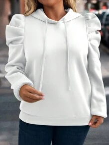 SHEIN LUNE Áo nỉ trùm đầu tay bồng màu trơn cỡ lớn thường ngày, dành cho quần áo mùa thu đông - trắng - Xem 5