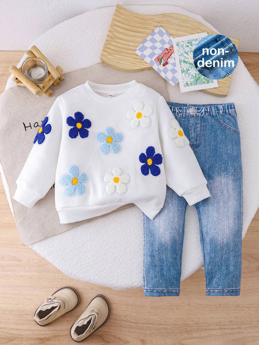 SHEIN Bộ 2 món áo nỉ dài tay và quần cạp chun in họa tiết hoa cho bé gái, chất liệu dày dặn, thích hợp cho mùa thu/đông. - trắng - Xem 1