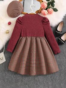SHEIN Girls Young Girl Puff Sleeve Knit Ribbed Sweater Top And Woven Plaid Hemline Casual Dress With Hat, Elegant Lady Style, Autumn/Winter