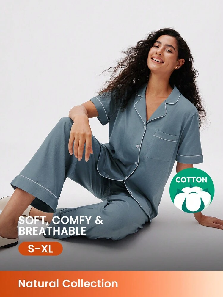 Ensemble de pyjama aérien en coton 100% pur, doux, avec chemise boutonnée et pantalon. Ensemble de détente pour femmes avec pantalon à poches