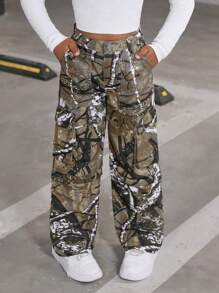 Sparklyn Dziewczyny Tween Trendy Y2K Casual Uniwersalne Spodnie Jeansowe Z Szerokimi Nogawkami W Kamuflażu, Nadające Się Do Codziennego Noszenia