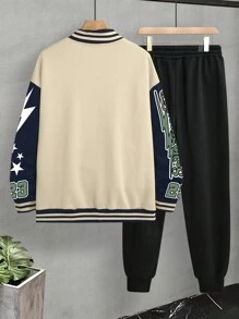 Aesthetic Post 男士加大码拼色字母印花羊毛夹克和裤子两件套，秋冬休闲装 - 黑與白 - 查看 2
