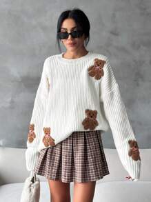 EURMUSE Women Round Neck Oversize Drop Shoulder 3d Mini Teddy Bear Patched Pattern Cute Drop Shoulder Sweater Pullover - White - View 6