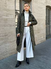 EURMUSE Solid Colour Padded Quilted Coat With Belt, Modern And Warm - Dark Green - View 3