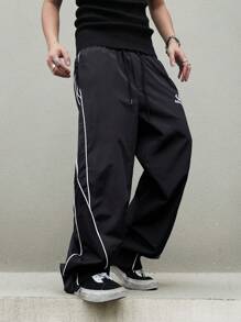 Manfinity Campus Court Aesthetic Post--Men Contrast Color Trimmed Drawstring Pocket Casual Loose Pants, Fall